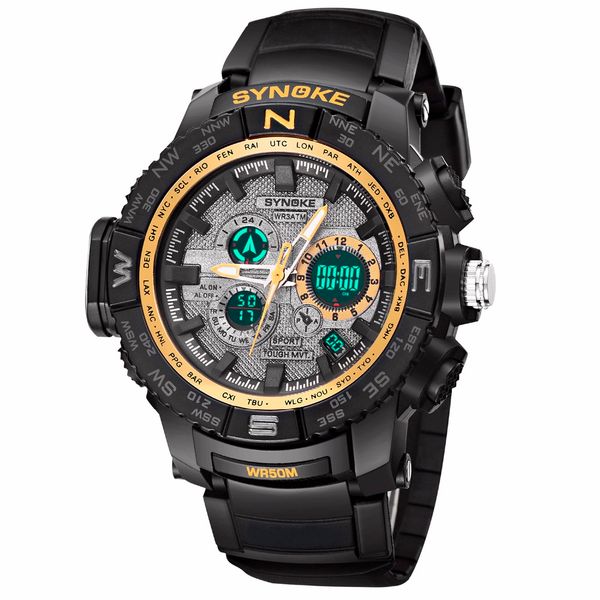 

brand men sports watches dual display analog digital led electronic quartz watch 50m waterproof swim wrist watch clock with box, Slivery;brown