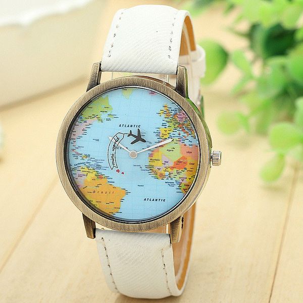

women watches fashion global travel by plane map women dress watch denim fabric band11.06, Slivery;brown