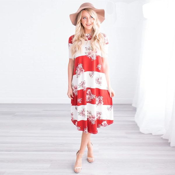 

Sweet Women Clothing Summer Casual Floral Printed Short Sleeve Dresses Female Stiped Mid Calf Dressess Free Shipping