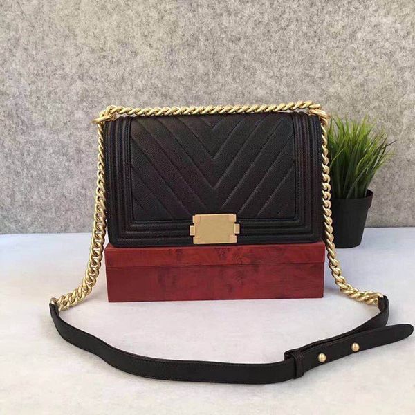

Toppe t quality women 039 25cm caviar leather chain handbag quilted boy flap with ancient gold liver chain de igner bag