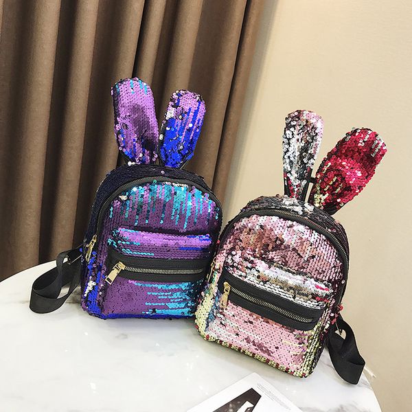 

girl sequined rabbit ear handbag storage bags mermaid sequins backpack travel double shoulders backpacks child school bag 5 color fwx9-833