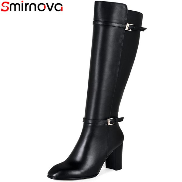 

smirnova 2018 new fashion knee-high boots pu+cow leather solid boots thick high heels square toe women black winter