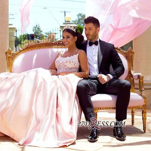 

stunning spaghetti strap a line prom dresses white lace appliques beading satin evening wear court train backless robes de soiree, Black
