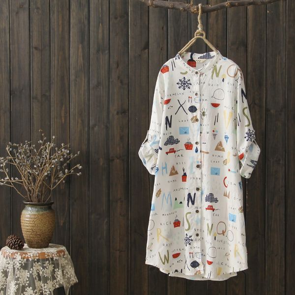 

spring and summer women long blouse shirt aesthetic printed letter thin cotton linen korean clothes three quarter blusas, White