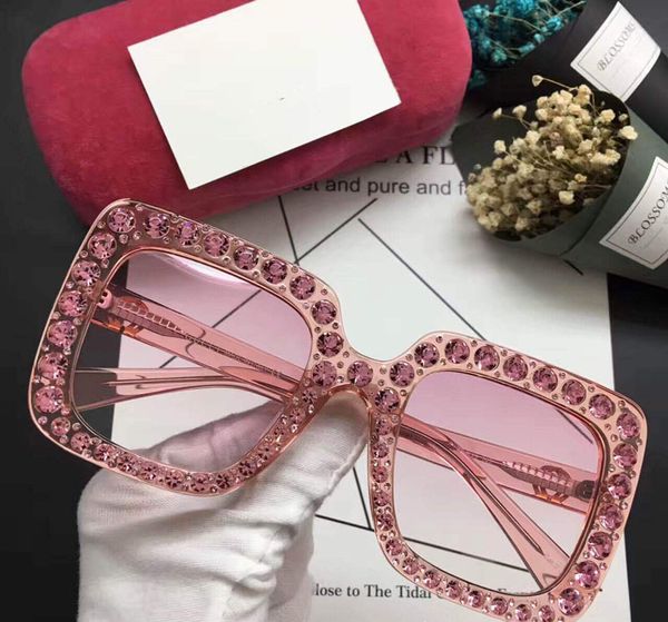 

brand designer sunglasses women 0148 mosaic diamonds design fashion sun glasses large square frame small legs popular eyewear with red cases, White;black