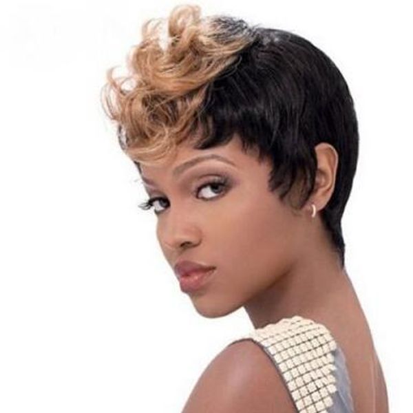 

stylish short capless synthetic fluffy brown highlight curly bump wig hair, Black;brown