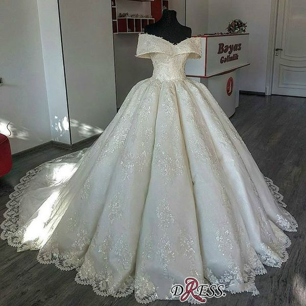 

2019 dubai arabic lace wedding dresses a line appliques off the shoulder sweep train luxury wedding dress with petticoat ruffle bridal gowns, White