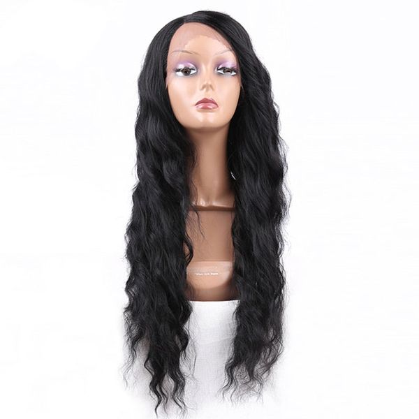 

шелковый топ кружева фронт парик синтетические волосы парики для черных женщин природные волны полный ручной связали парики с шелковой основ, Black