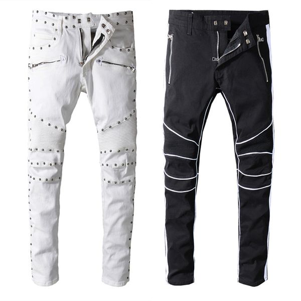 

balmain mens designer jeans famous brand black white jeans skinny ripped destroyed stretch slim fit hop hop pants with holes, Blue