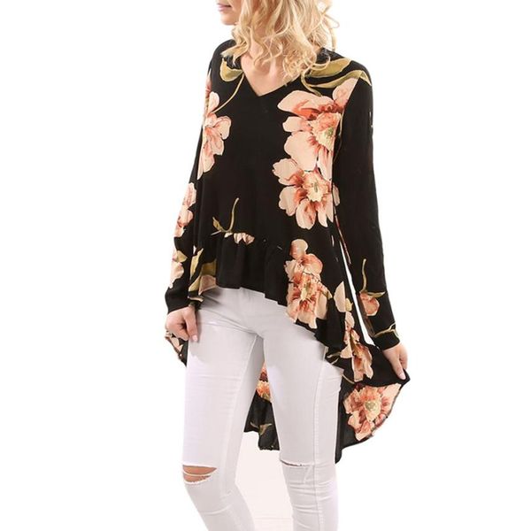 

women blouse 2018 women autumn new vintage floral print long sleeve shirt casual blouse ruffles irregular #ew, White