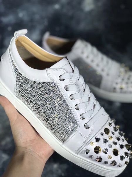 

original box] luxury design red bottom sneakers junior mix calfskin strass leather with studs casual party wedding shoes, Black