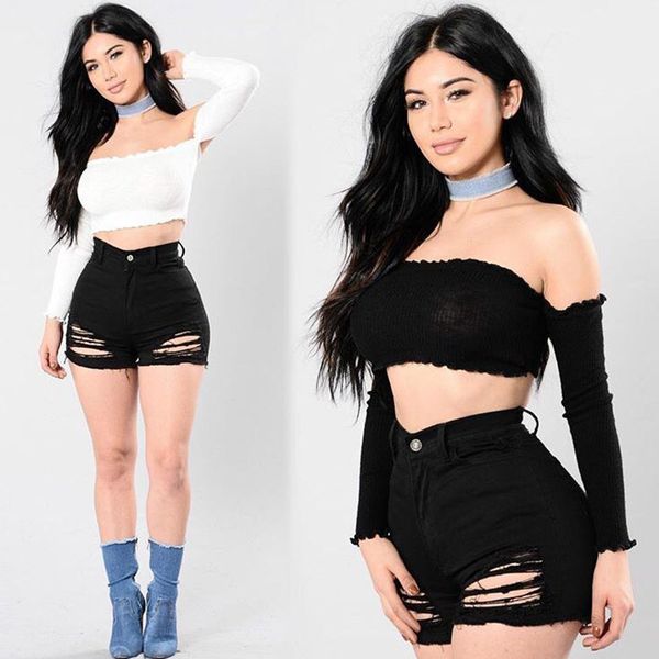 

summer new women fashion tall waist hole black jeans, Blue