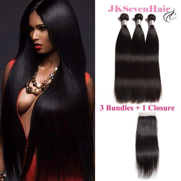 

высший сорт 12а бразильские прямые пучки волос 3шт с закрытием шнурка 4x4 дюймов малайзийские перуанские волосы утки девственницы с закрытие, Black