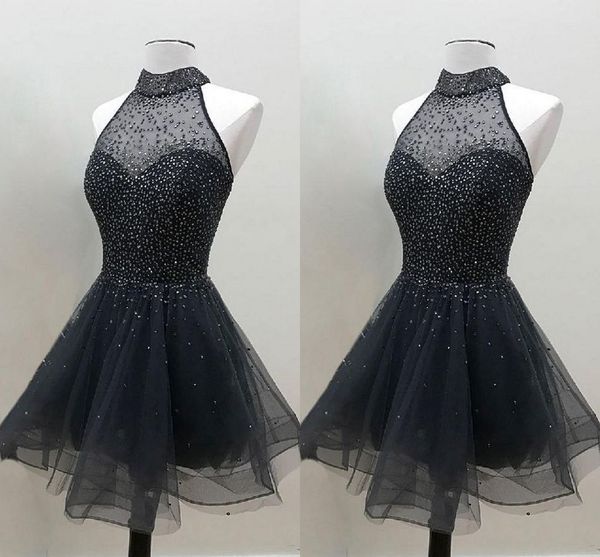 2019 High Neck Vestidos Homecoming A-Linha Frisada Lantejoulas De Cristal Sheer Pescoço Tampão Manga Curto Prom Vestido Barato Vestido Preto Aberto Vestidos De Volta