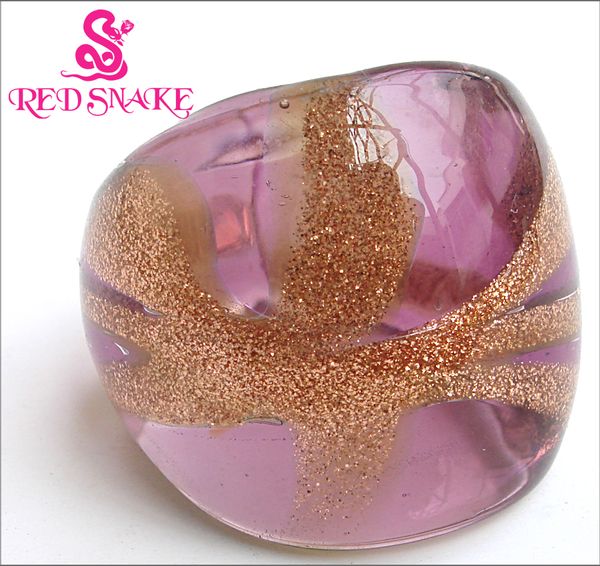 

red snake fashion ring handmade purple with golden sand drawing murano glass rings, Golden;silver