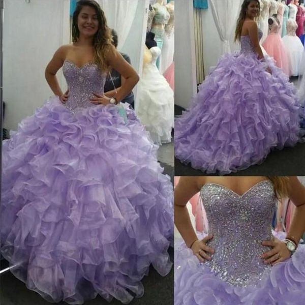 

lavender sweet 16 quinceanera dresses 2019 luxurious crystals beaded ruffles organza ball gown prom dresses formal party gowns wear, Blue;red