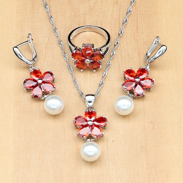 

freshwater pearl red zircon beads jewelry sets silver 925 jewelry wedding decoration for women earrings/pendant/ring/necklace, Slivery;golden