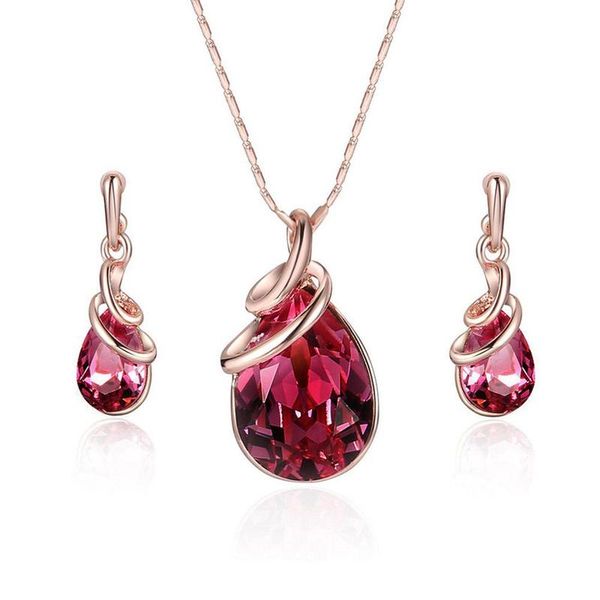 

water drop earrings set crystal pendant necklace blue purple rose elegant jewelry sets for women design valentine wedding gifts, Silver