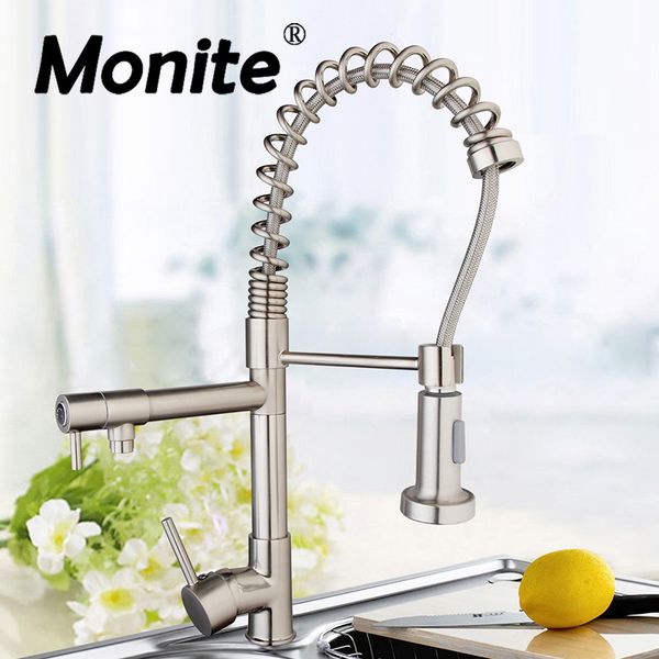 

uk nickel brushed single lever pull out kitchen faucet deck mounted & cold water kitchen swivel spout mixer tap