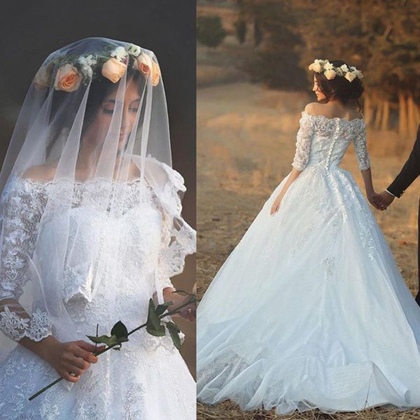 

lace tulle ball gown wedding dresses sheer neck off the shoulder lace appliques arabic garden bridal gowns with illusion sleeves, White