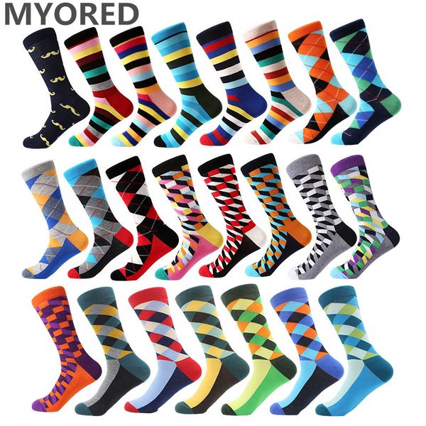 

myored 1 pair man socks combed cotton colorful funny socks novelty classic moustache stripes gradient diamond lattice cross grid, Black