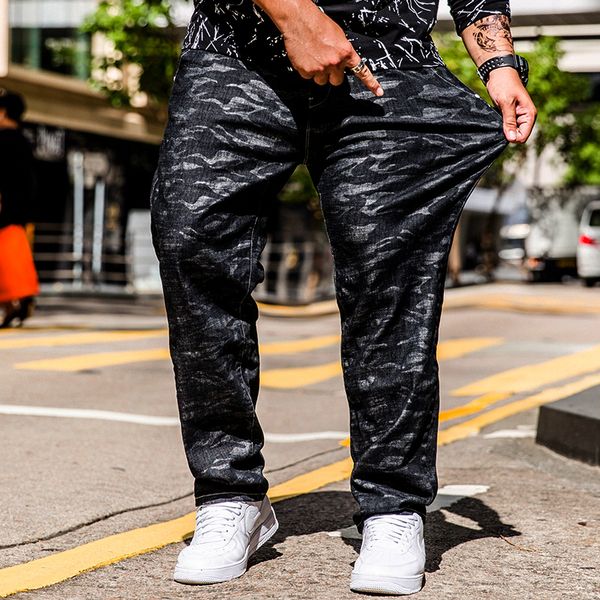 

men business jeans classic male camouflage full length jeans plus size 30-40 42 44 46 punk style long straight men denim pants, Blue