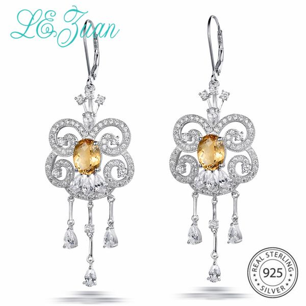 

l&zuan natural 3.66ct citrine dangle earrings for woman 925 sterling silver tassel earrings vintage gemstone jewelry bridal gift, Golden;silver