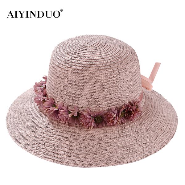 

aiyiduo 2017 fashion design wreaths ribbon bow tie summer sun hat for women straw beach hat fedora elegant women brand caps, Blue;gray