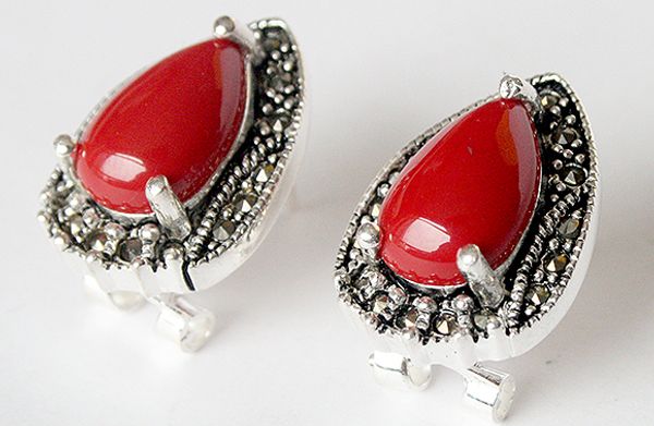 

vintage 925 sterling silver red coral marcasite stud earrings 15x19mm, Golden;silver