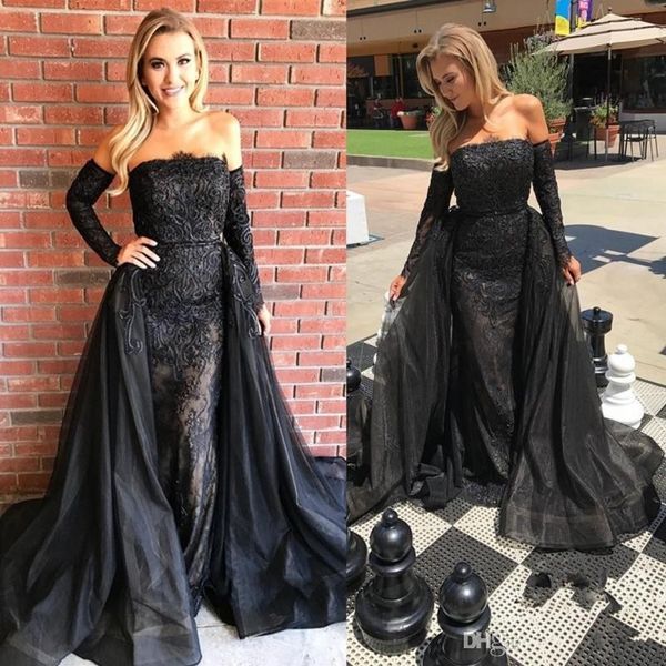 

luxury 2018 new arrival mermaid prom dresses with detachable train strapless lace applique organza formal evening party wear custom made, Black;red
