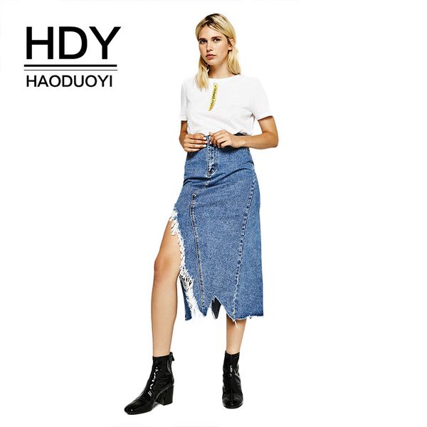 

hdy haoduoyi asymmetrical with a slit jean skirt casual mid calf empire individual autumn for women 2018 new arrival, Black