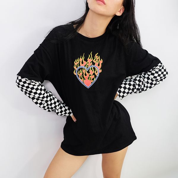 

new sale women plaid patchwork long sleeve flaming heart print sweatshirt 2017 autumn winter black checkboard pullover hoodies