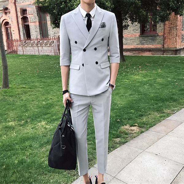 

double breasted beach grey men suit wedding peak lapel smart casual man blazer jacket pants groom tuxedos 2piece prom wear groomsmen blazers, Black;gray