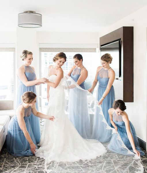 Ice Blue Tulle Nuovo Abiti da damigella d'onore Collo Halter Neckless Piano Lunghezza del pavimento Abiti da sposa Abiti da sposa Provengal Maid of Honor Dress Vestidos