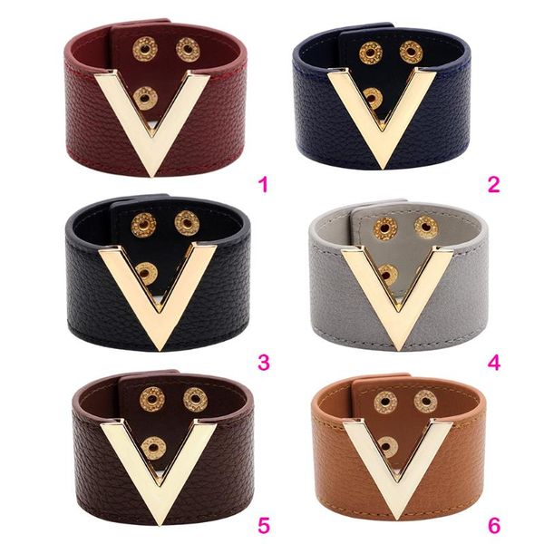 

fashion leather bracelet jewelry hand chain simple all-match ol v word alloy wide leather bracelet bangle new hand jewelry, Golden;silver