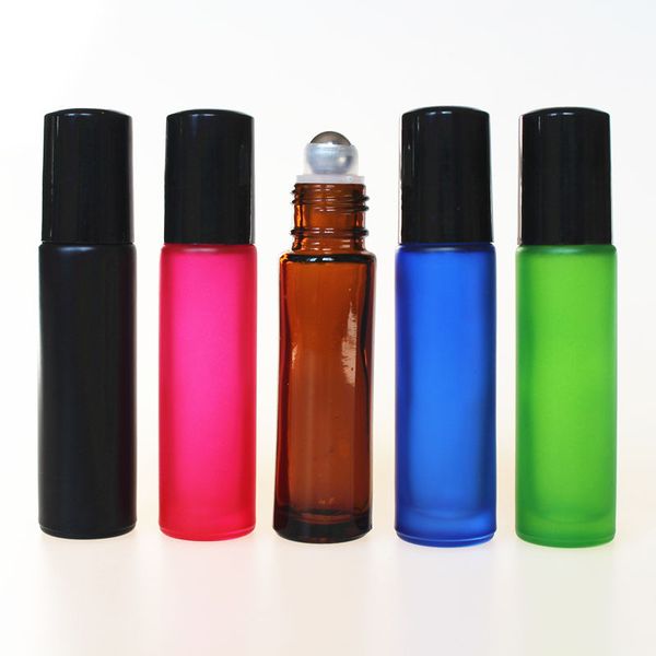 

wholesale 10ml frosted glass roll on bottle perfume roller essential oil bottle with metal ball pink green blue black amber color