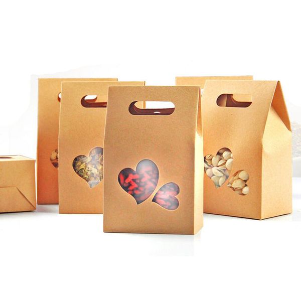10x15 cm Sevimli Kraft Kağıt Gıda Paketleme Çantası Seven Kalp Pencere ve Saplı, Yiyecek Çerezleri İçin Şeker Et Pişirme, 100 Paket