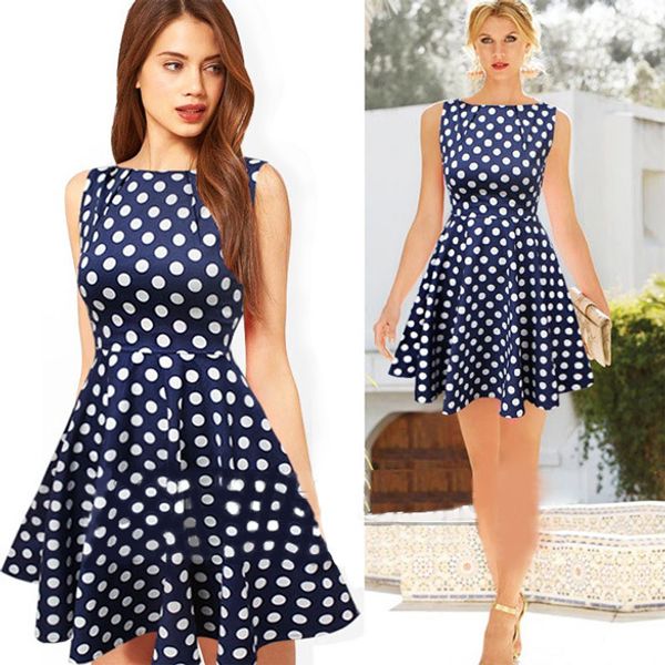 

sweet casual dresses women summer sleeveless polka dot printed bubble skirts elegant mini dress womens clothing, Black;gray