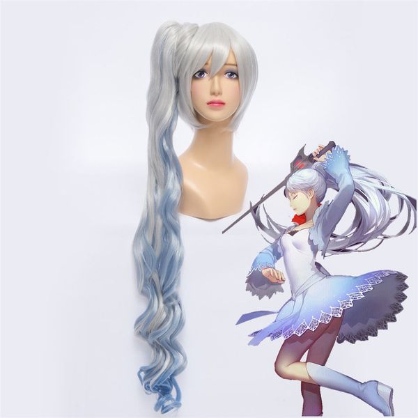 

long white blue hair cosplay costume wig for rwby weiss schnee white trailer, Black;brown