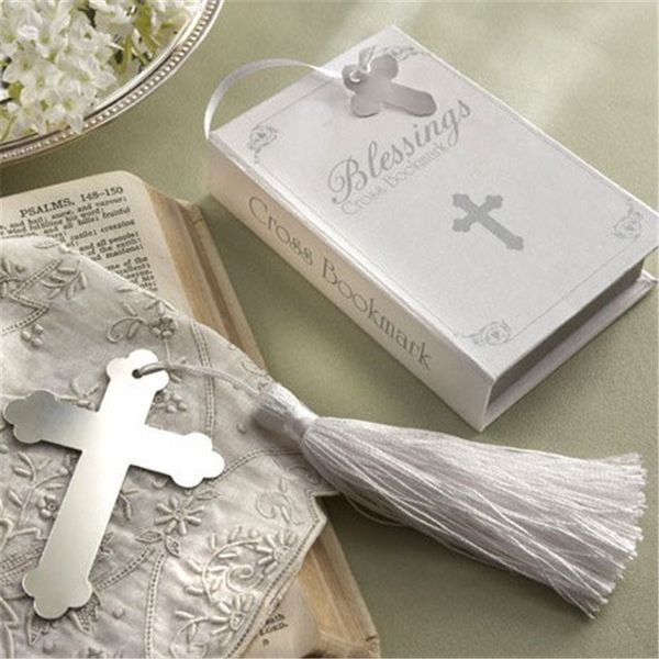 

high-grade wedding gifts cross monolithic metal bookmark with white tassel for back to school student's favors exquisite giftbox