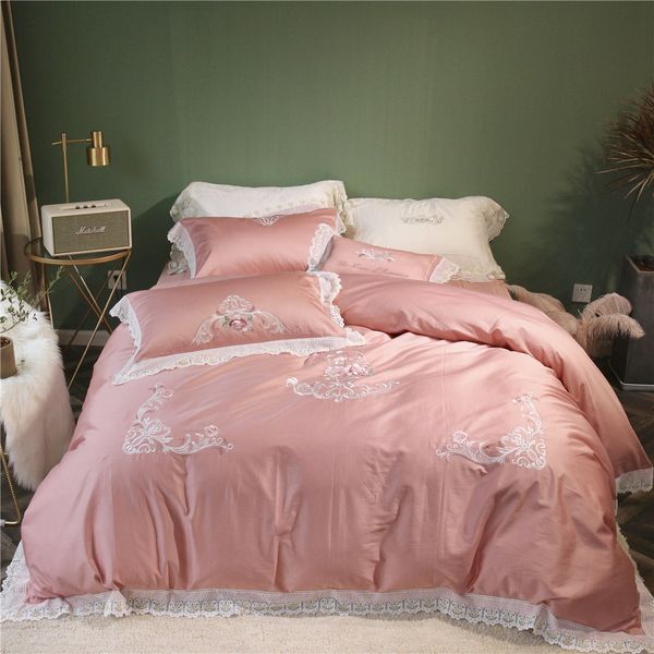 

100% cotton bed sheets 4pcs girls princess pink embroidered duvet covers pillowcase with white lace edge bed cover set 60s satin