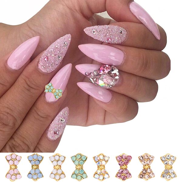 

10pcs new design gold nail bows in crystal opal rhinestones nail art decorations charms 2018 nails dekor supplies tcj220, Silver;gold