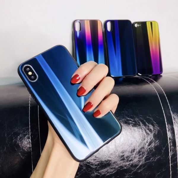 Custodia per telefono a colori sfumati Aurora di lusso all'ingrosso per iPhone X 8 7 6 6s Plus TPU + vetro Cover posteriore con luce sfumata Blue Ray per Samsung S8 S9