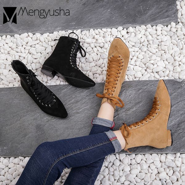 

2019 new cow suede leather botines thick low heels ladies cross-tied pointed toe ankle booties women back zip boots shoes, Black