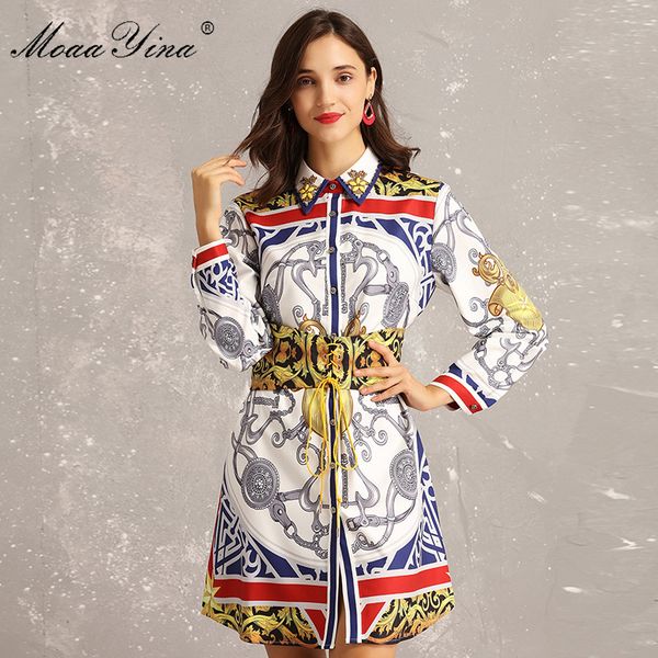 

moaayina fashion designer runway dress spring women turn-down collar beaded long sleeve vintage stripe print belted slim dress, Black;gray