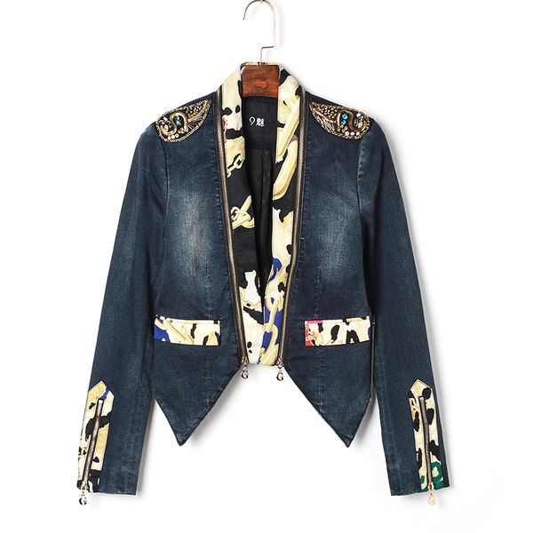 

gx1640 high-end studded beads shoulder straps cowboy women's coat printed splicing irregular hem 2018 autumn, Black;brown