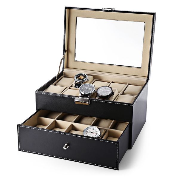 

20 grids multifunctional drawer-style pu leather watch display box, Black;blue