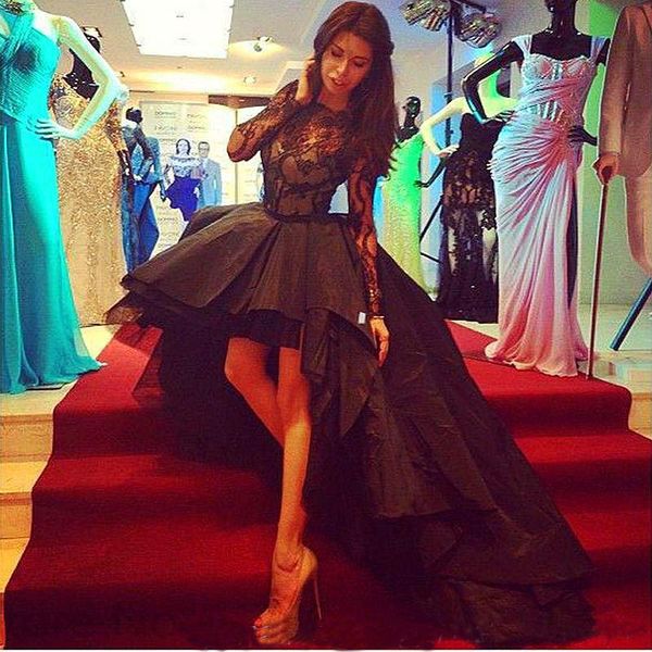 

Sexy High Low Prom Dress Black Colour Lace Long Sleeves Formal Women Wear Pageant Party Gown Custom Made Plus Size