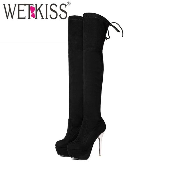 

wetkiss high heels flock woman long boot ladies stiletto over the knee boot fashion platform stretch female shoes autumn women, Black