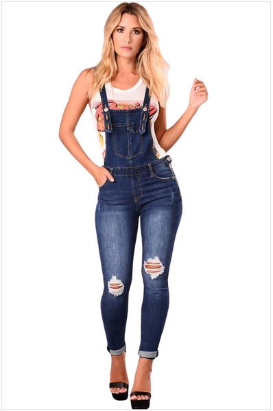 

2018 woman overalls jeans fashion cuffs capris denim jeans ripped casual bodysuit shopping, Blue